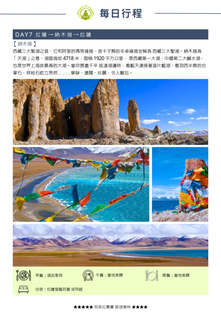 該圖片展示第七天前往西藏第一大湖納木錯的行程。圖像包含合掌石奇岩巨石、湖邊隨風飄揚的五彩經幡、瑪尼堆以及連綿雪山下的廣闊藍色湖面，充分凸顯出天湖靜謐、遼闊與神聖的自然景觀。00000000000000000
