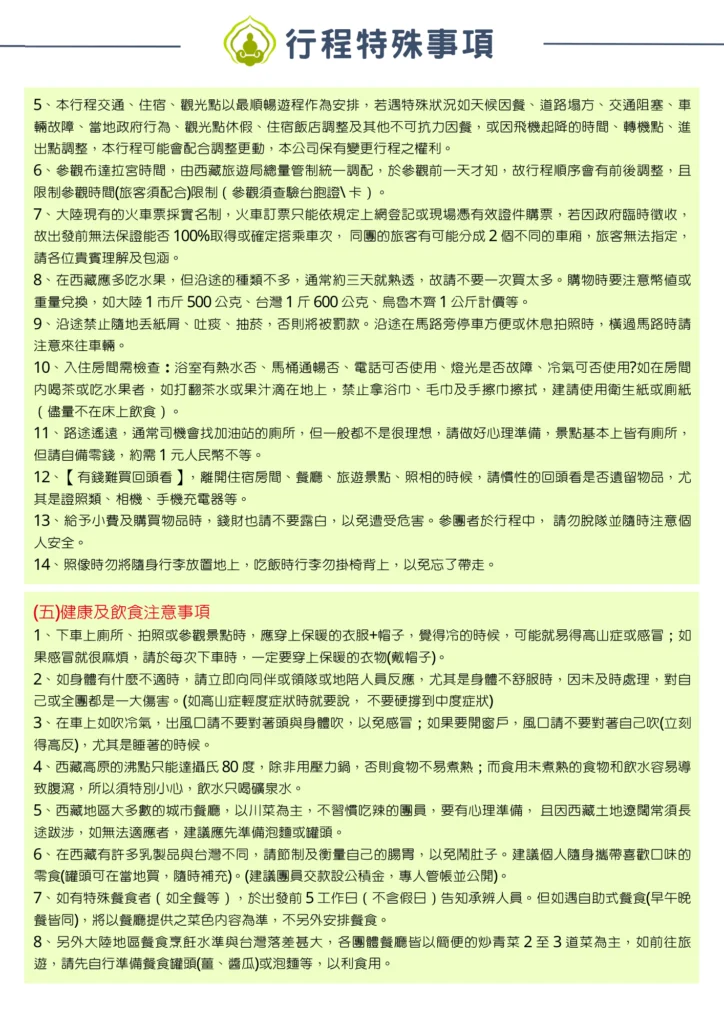 該圖片為行程特殊事項第三頁。上半部說明不可抗力之行程調整、布達拉宮門票總量管制與實名制火車票規定，並列出住宿房間使用與防盜防詐提醒；下半部（五）重點介紹健康及飲食注意事項，包括穿衣保暖防高原反應、車內空調使用、沸點限制與餐食特色（以川菜、簡便炒青菜為主，建議自備泡麵或罐頭）。