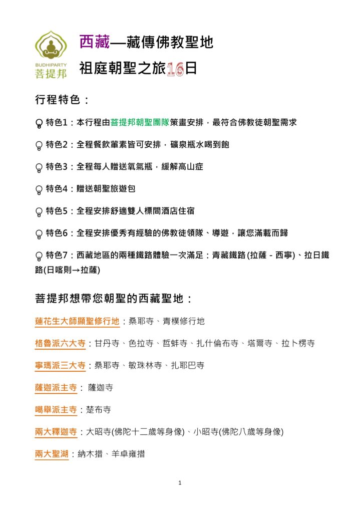 該圖片為「西藏—藏傳佛教聖地 祖庭朝聖之旅 16 日」的行程特色與聖地總覽頁。內容列出七大行程特色，如專業團隊策畫、礦泉瓶水喝到飽、每人贈送氧氣瓶、雙鐵路體驗等；下半部詳細標明行程涵蓋的蓮花生大師顯聖地、格魯派六大寺、寧瑪派三大寺、薩迦派與噶舉派主寺、兩大釋迦寺及兩大聖湖等完整朝聖景點。