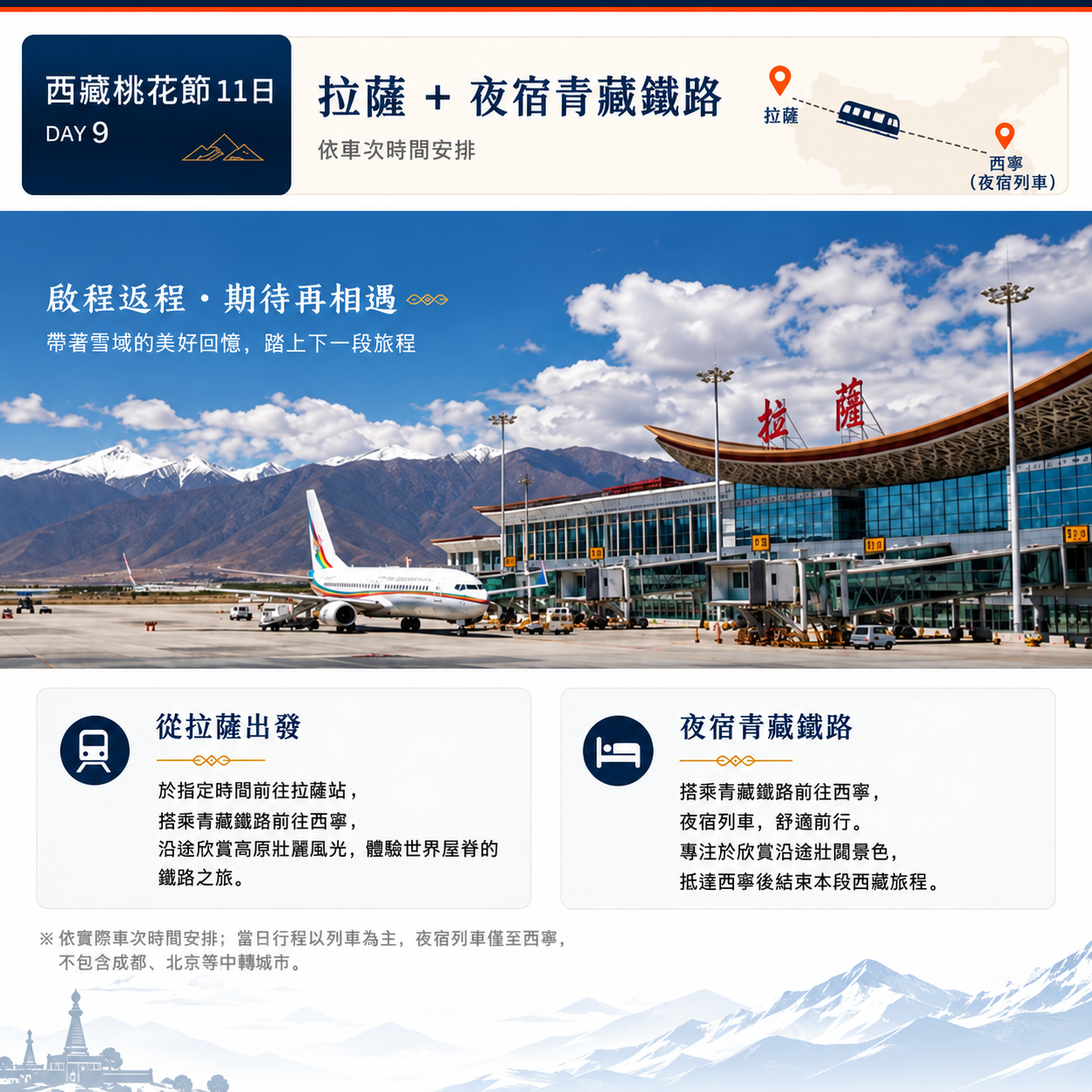 第九天行程圖，主圖為拉薩貢嘎機場停機坪與飛機畫面，說明返回中轉點行程並依實際航班、車次時間彈性調整之提醒。