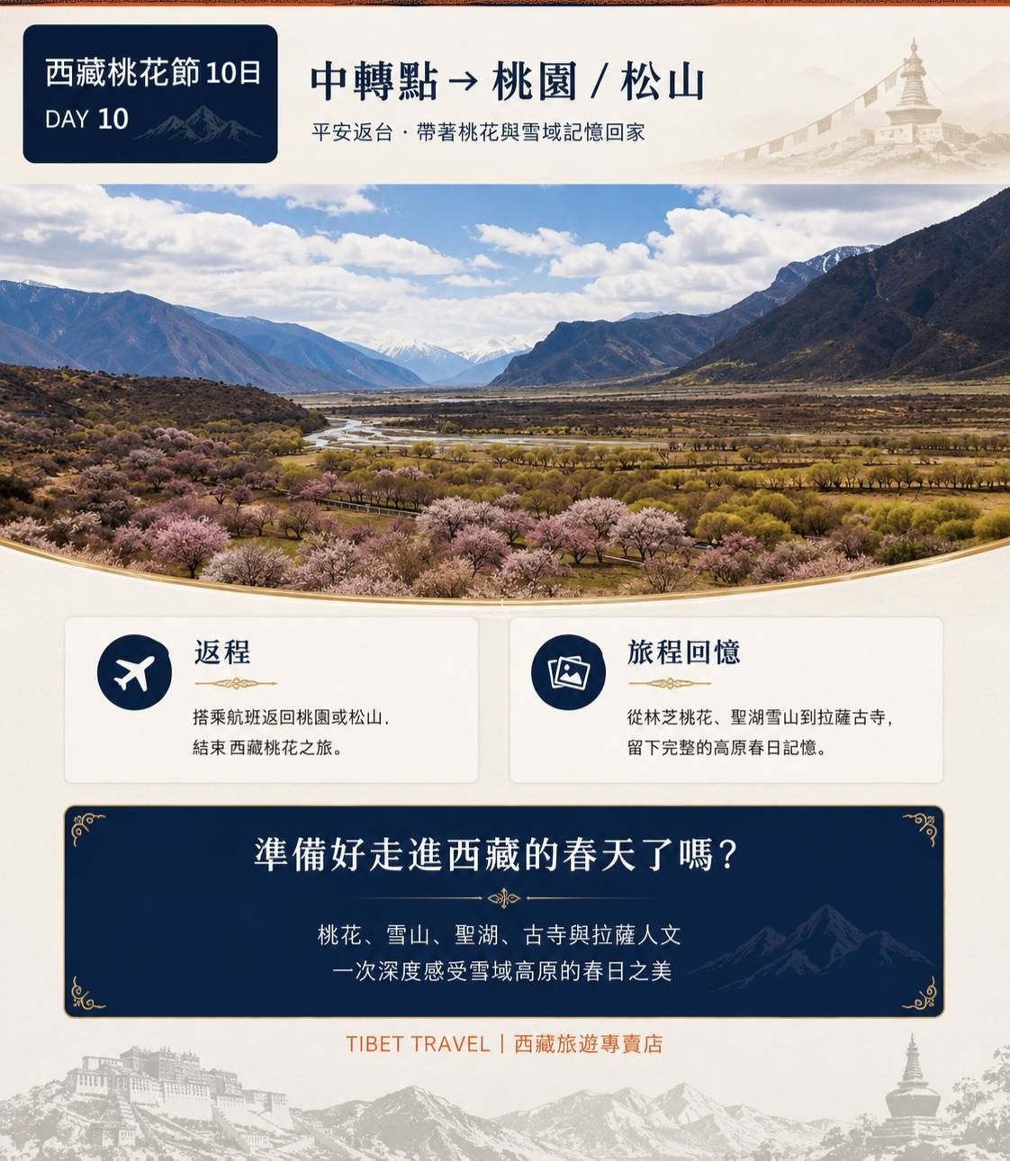 第十天行程圖，展示桃花與河谷山景，說明搭乘航班返回桃園或松山，結束十日西藏桃花節旅程，並附上「準備好走進西藏的春天了嗎」的溫馨結語。
