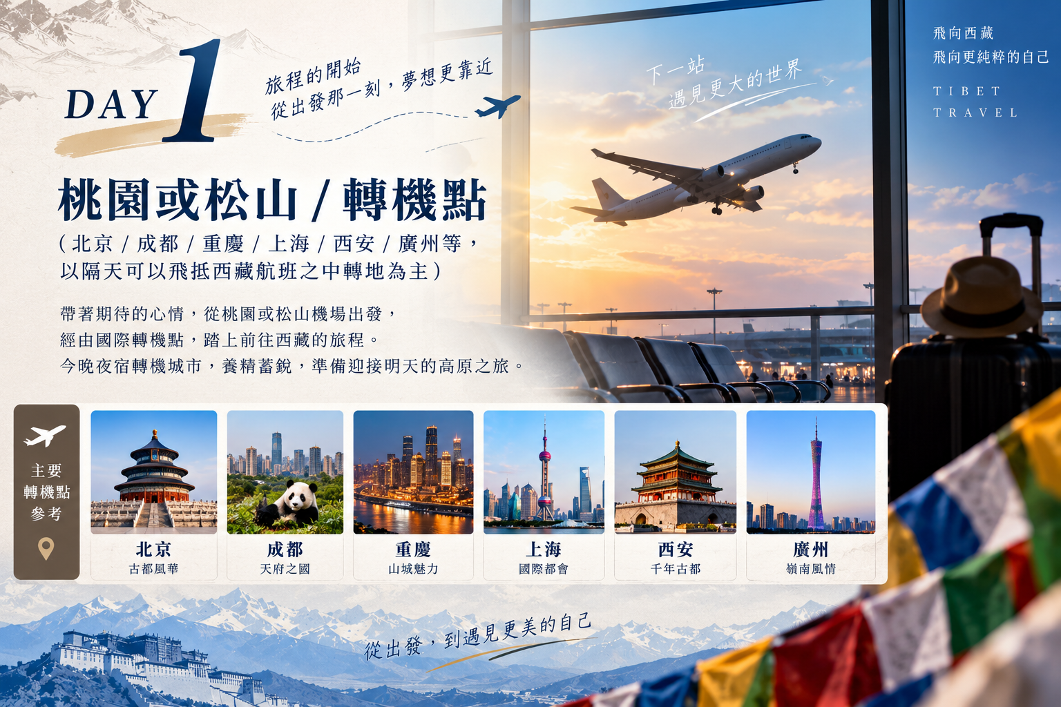 第一天行程圖，主圖為機場候機室與起飛班機畫面，說明帶著期待的心情從桃園或松山機場出發，經由國際轉機點踏上前往西藏的旅程，今晚夜宿轉機城市，並列出北京、成都、重慶、上海、西安、廣州六個主要轉機點參考圖。