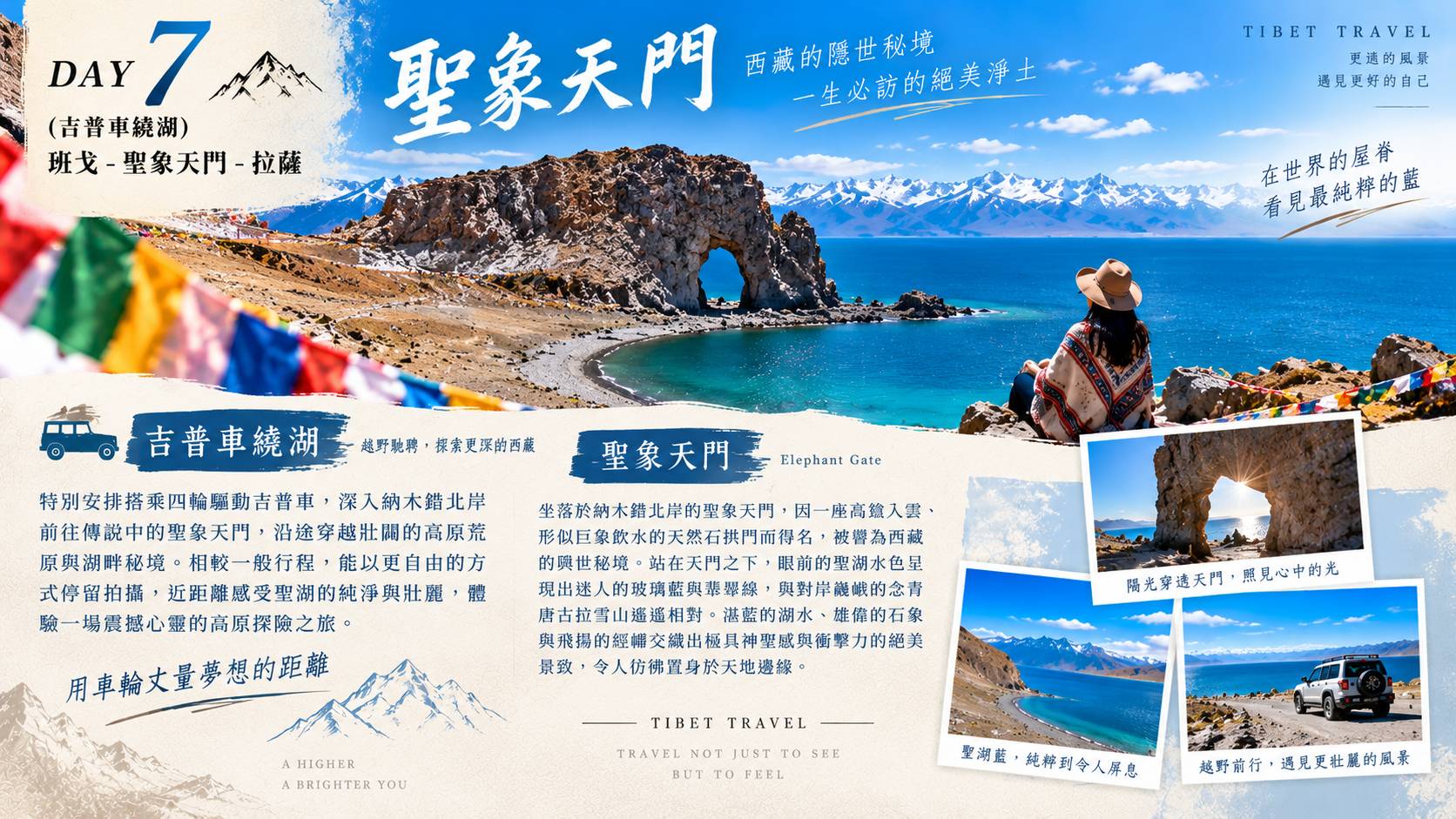 第七天行程圖，主圖為納木措北岸聖象天門天然石拱門與湖泊景色，說明聖象天門因形似巨象飲水的天然石拱門而得名，特別安排四輪驅動吉普車深入納木措北岸，沿途穿越壯闊的高原荒原與湖畔秘境前往聖象天門。