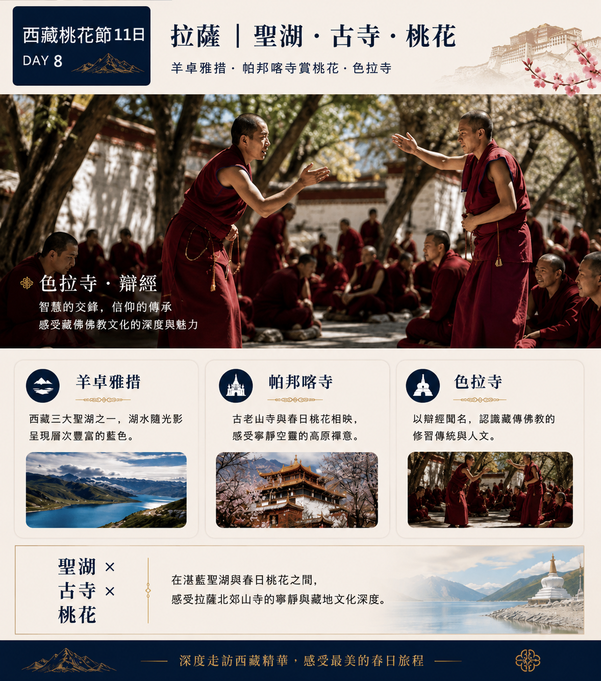 第八天行程圖，主圖為色拉寺僧侶辯經場景，介紹羊卓雅措、帕邦喀寺賞桃花、色拉寺三個景點特色。