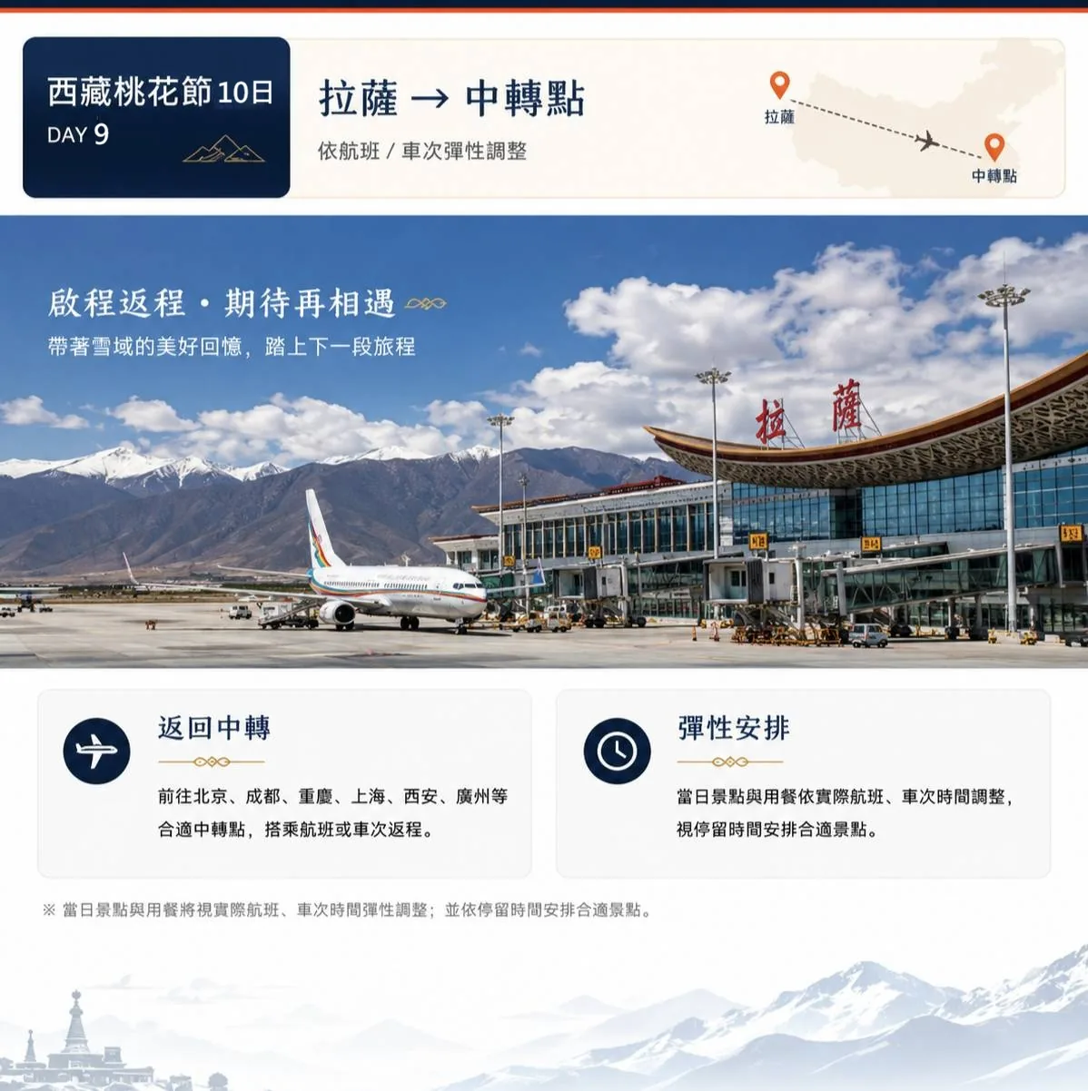 第九天行程圖，主圖為拉薩貢嘎機場停機坪與飛機畫面，說明返回中轉點行程並依實際航班、車次時間彈性調整之提醒。